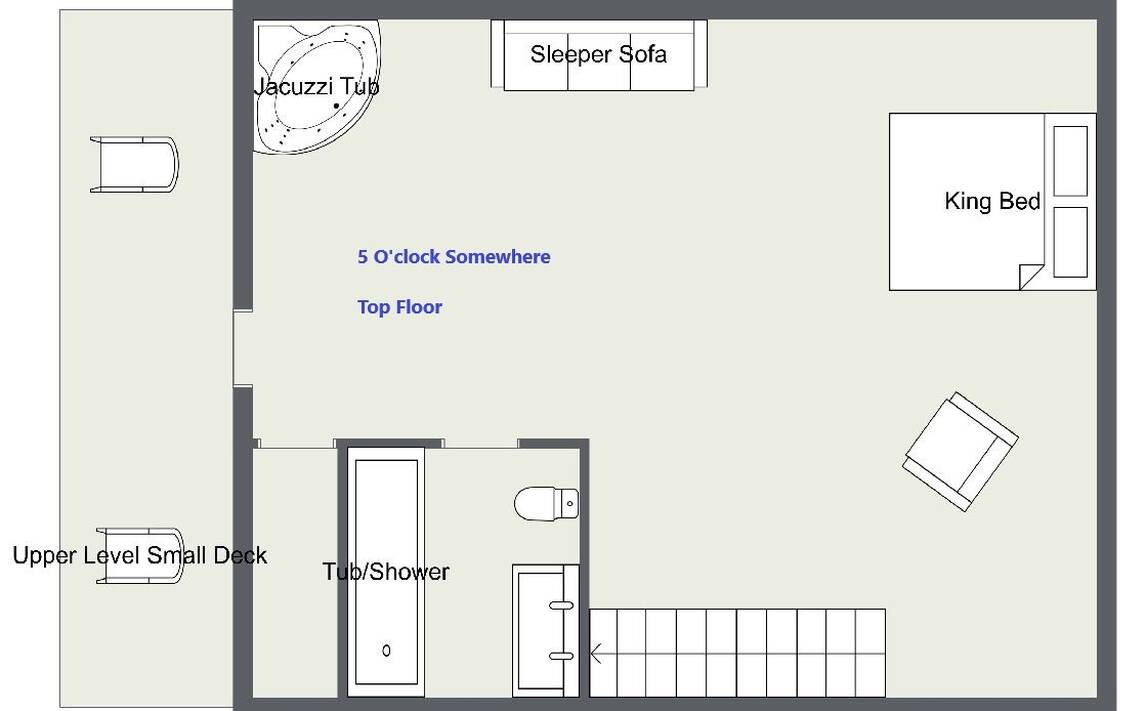 upstairs floor plan, king size master bedroom with jacuzzi tub, en-suite bathroom, and private deck