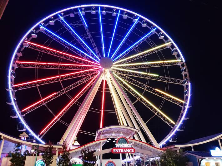 Smoky Mountain Wheel, 200 foot tall ferris wheel with enclosed glass gondolas, at The Island in Pigeon Forge