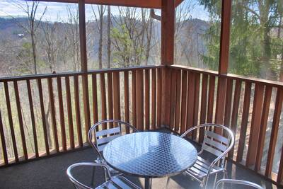 Pleasant View screened-in side deck with table and chairs