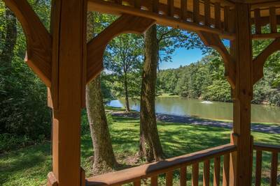 Caney Creek Mountain Area gazebo overlooking fully stocked catch and release fishing pond