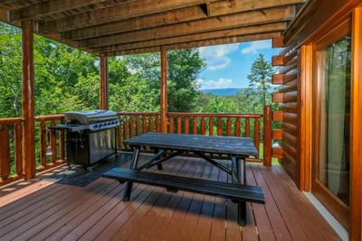 Katies Lodge main level covered back deck with picnic table and gas grill