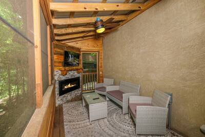Treeside lower level screened in back deck with 40-inch flat screen TV and year round electric fireplace