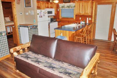 The Cabin at SunRae Ridge living room with kitchen