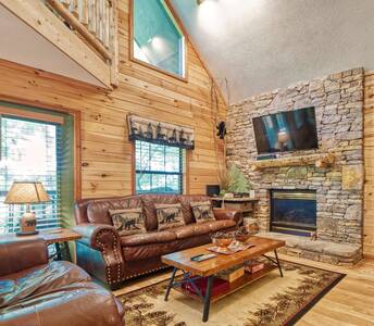 Forest hollow living room with stone encased gas fireplace