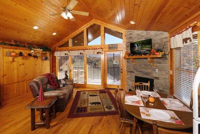 Bearadise living room with stone encased gas fireplace
