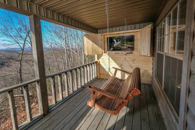 The Hidden End covered back deck with outdoor TV and swing