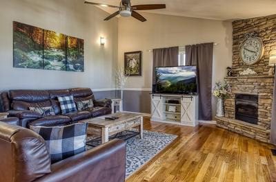 Inn the Vicinity - Living room with stone encased gas fireplace