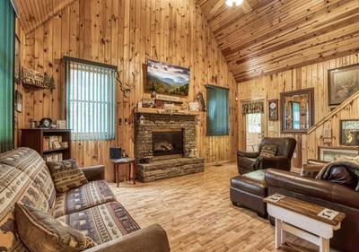 Deer to Dream - Living room with stone encased gas fireplace