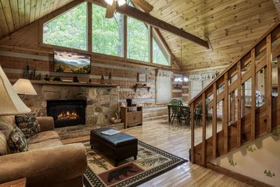 Back to Nature living room with stone encased gas fireplace