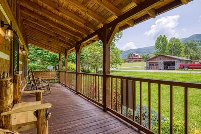 4 Paws Lodge covered front deck with swing