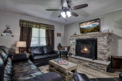 Rustic Acres living room with stone encased gas fireplace