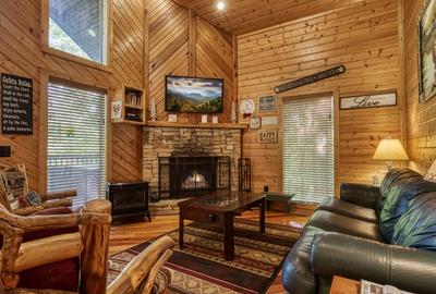 Angels Gift living room with wood burning fireplace