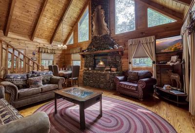 Antler Crossing living room with stone encased gas fireplace