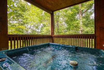 Antler Crossing covered back deck with hot tub