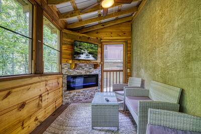 Treeside lower level screened in back deck with TV and electric fireplace