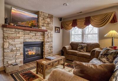 Sunset View Chalet living room with gas fireplace