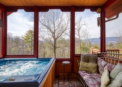 Sunset View Chalet screened in back deck with hot tub