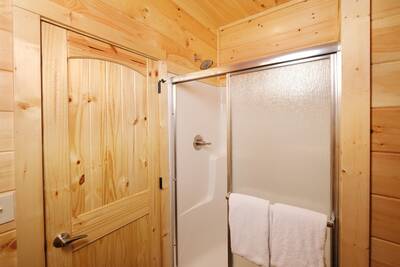 Pine View Lodge main level bathroom with walk in shower
