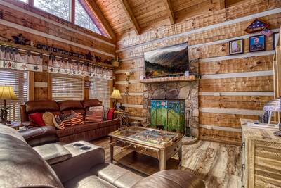 Old Glory living room with seasonal wood burning fireplace