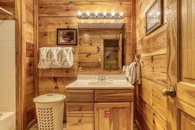 Awesome View lower level bathroom with single vanity