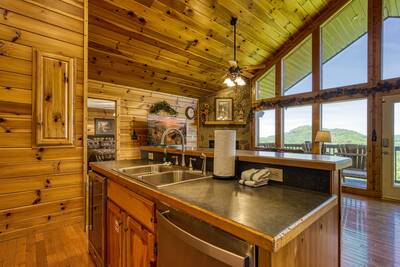 Getaway Mountain Lodge kitchen island and living room