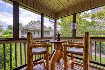 Wolff Lodge screened in back deck with high top table and chairs