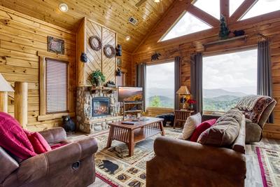 Bear's View living room with seasonal gas fireplace