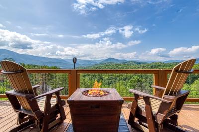 Secluded Summit propane fire pit with panoramic mountain view