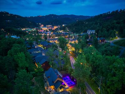 The Lodge at Burg Hill aerial view of cabin and downtown Gatlinburg
