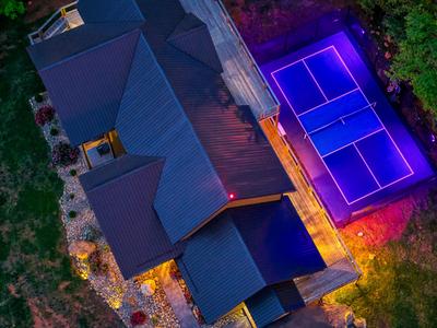 The Lodge at Burg Hill aerial view pickle ball / basketball court
