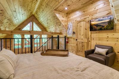 Midnight Bowling loft bedroom and bathroom