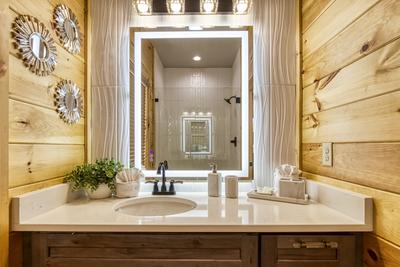 Midnight Bowling loft bathroom with heated mirrors