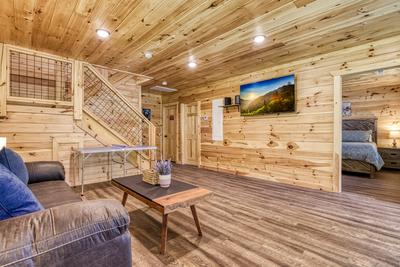 Mountain Memories lower level sitting area with 58 inch TV
