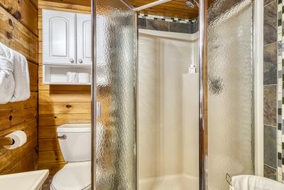 Lazy Man's Way main level bathroom with walk in shower