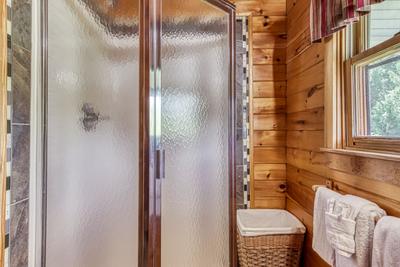 Lazy Man's Way upper level bathroom with walk in shower