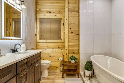 Midnight Bowling lower level bathroom with spa soaking tub