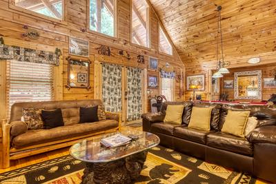 Wet and Wild living room, pool table, and heart shaped Jacuzzi