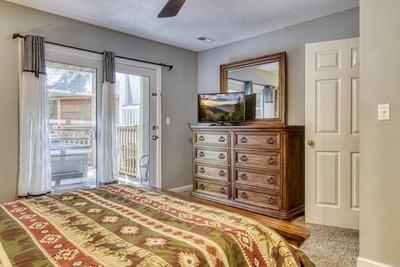 Feathers and Fur lower level bedroom with queen size bed and 32 inch TV