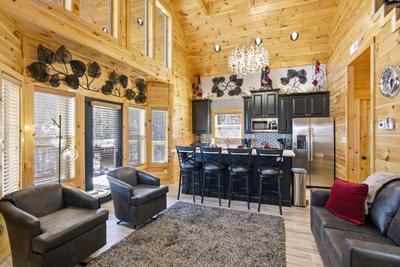 Let The Good Times Roll living room, dining area, and kitchen 