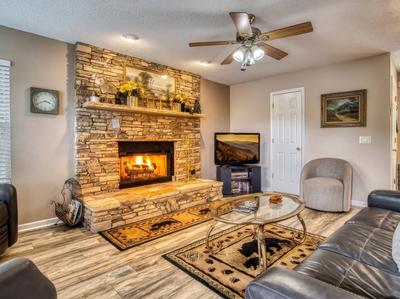 Triple the Mountain View living room with seasonal stone encased gas log fireplace