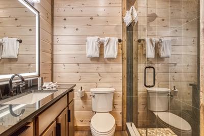 Honey Bear main level bathroom with heated mirror and walk in shower