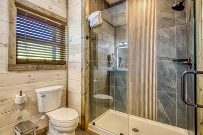 Honey Bear lower level bathroom with walk in shower
