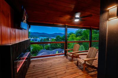 Honey Bear year round electric fireplace and TV on covered wrap around deck