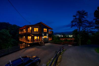 Honey Bear cabin and parking area at night