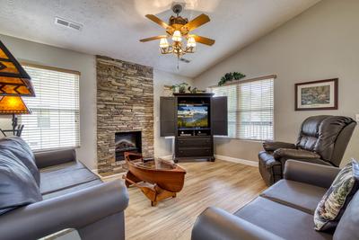 Lee's Creekside living room with year round fireplace