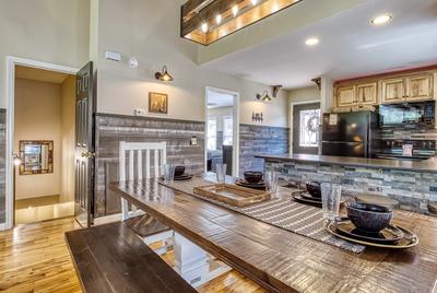 The Playful Bear dining table and fully furnished kitchen
