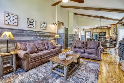 The Playful Bear living room, dining area, and fully furnished kitchen