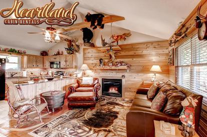 Kitchen and sitting area with fireplace