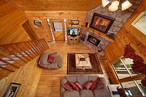 Sunset Mountain cabin living room view from loft