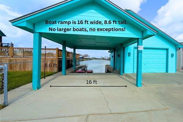 Covered canal-front boat ramp in Rockport, Texas with concrete driveway and access to the water, showing clearance and width for boat launching.